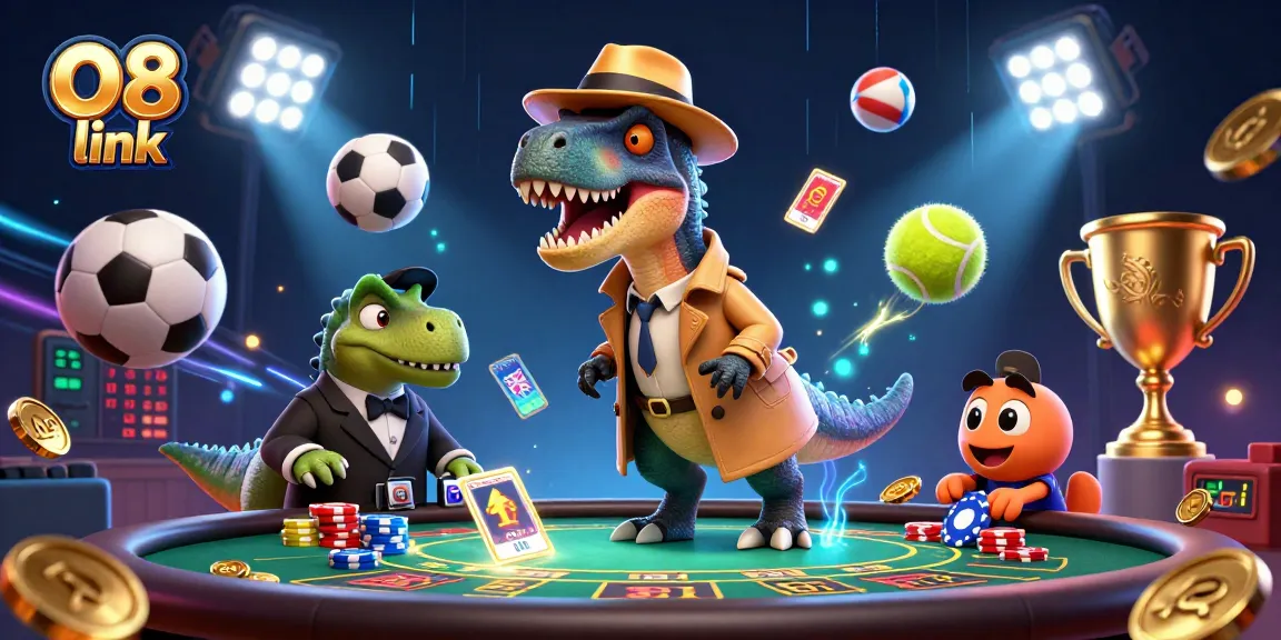 Engage with O8 link as a velociraptor card counter hides at the blackjack table, amidst exciting casino elements.
