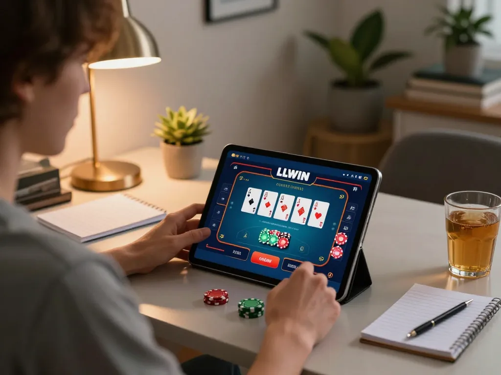 Engaging scene of a player enjoying LLWIN online casino games on a tablet in a cozy home setting.