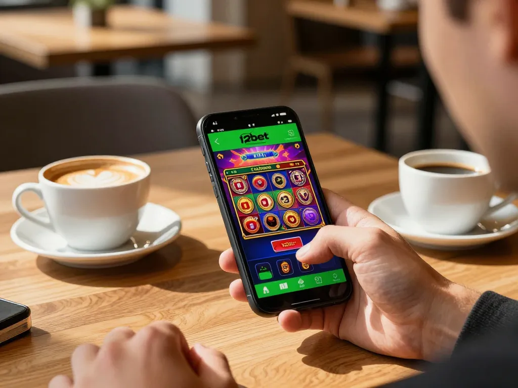 Experience thrilling gameplay on 12bet mobile app with vibrant slot graphics at a cozy café