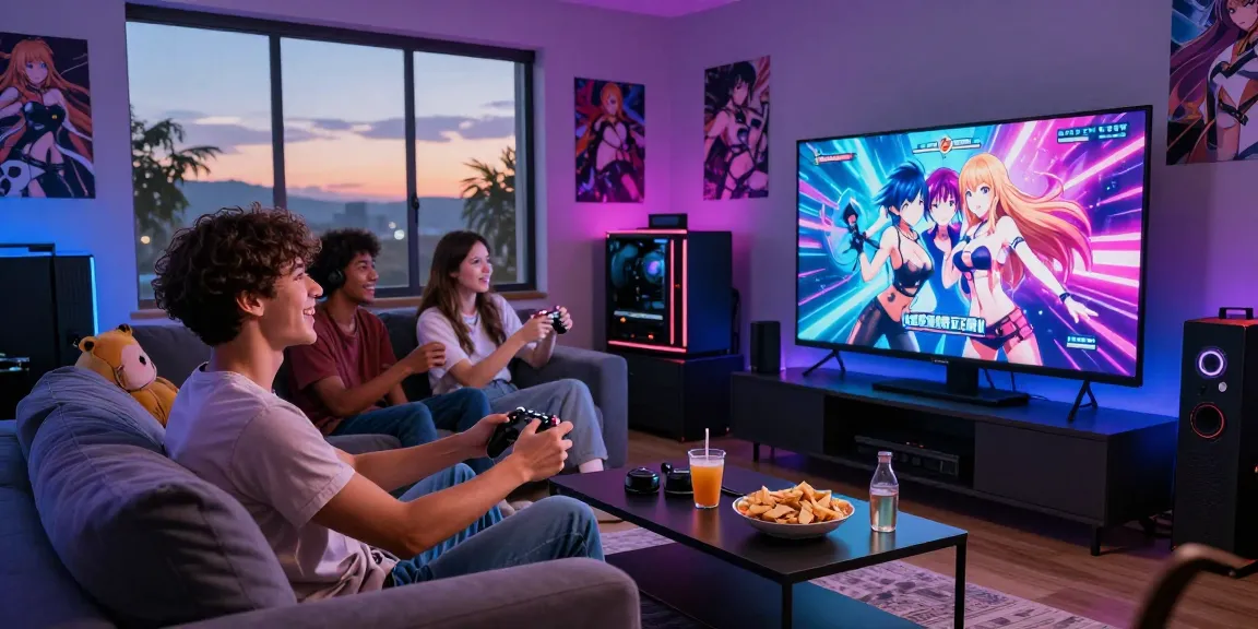 Group enjoying hentai games online in a cozy gaming setup with snacks and modern decor.