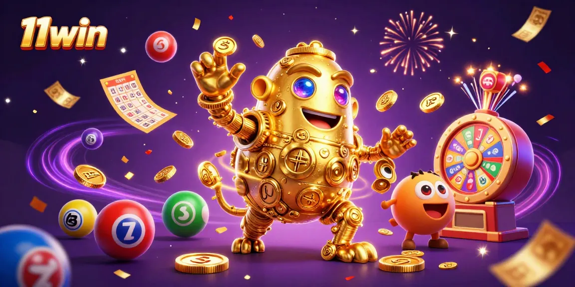 11win casino-themed illustration showcasing vibrant lottery elements, golden golem, and engaging graphics.