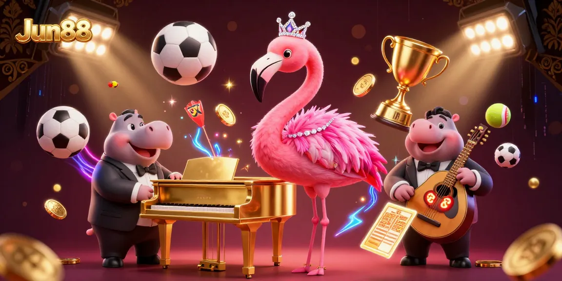 Bet on Jun88 with excitement as flamingo singers and hippo musicians create a vibrant casino ambiance.