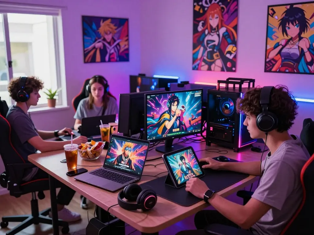 Exciting scene of players enjoying hentai games on laptops and tablets in a vibrant gaming room atmosphere.