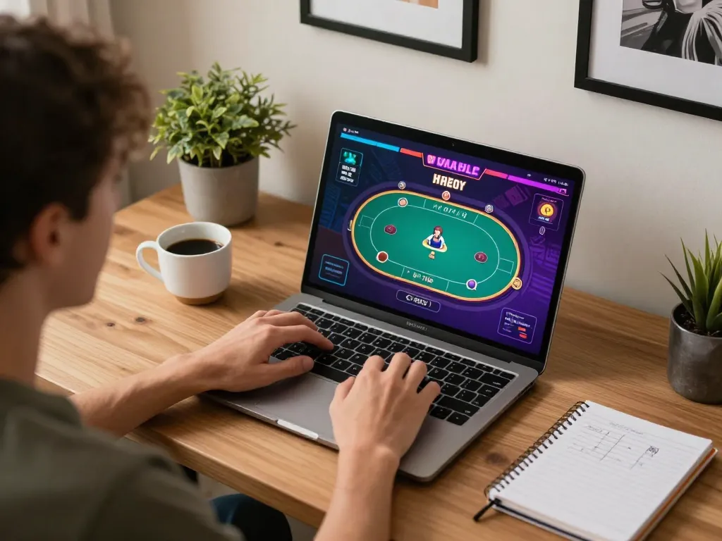 Antarmuka permainan yang menarik dengan tautan hwg500 ditampilkan di layar, menampilkan sesi poker daring.
