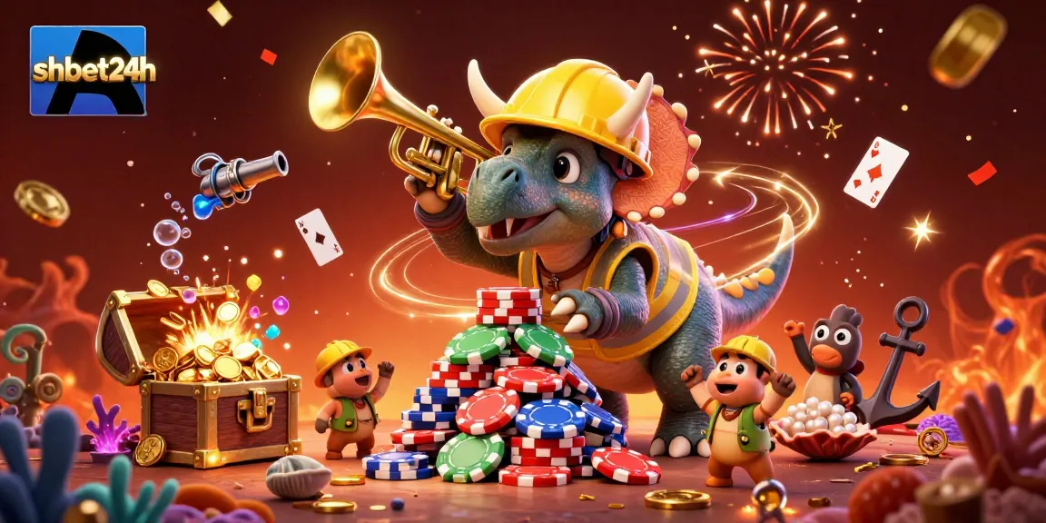 Celebrate big wins at shbet24h with a triceratops building poker chip pyramids in a vibrant casino scene