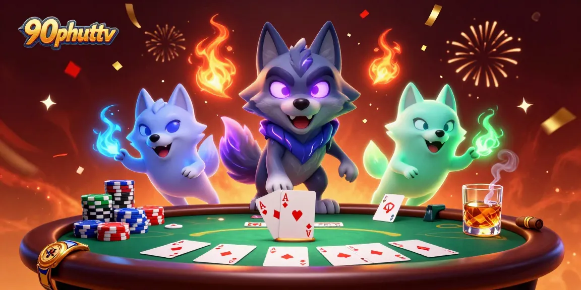 Experience the excitement of 90phuttv with animated poker characters in a vibrant casino scene.