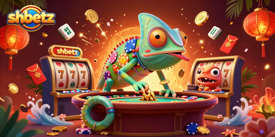 Engage with shbetz at a vibrant online casino scene featuring a chameleon owner and magical elements.