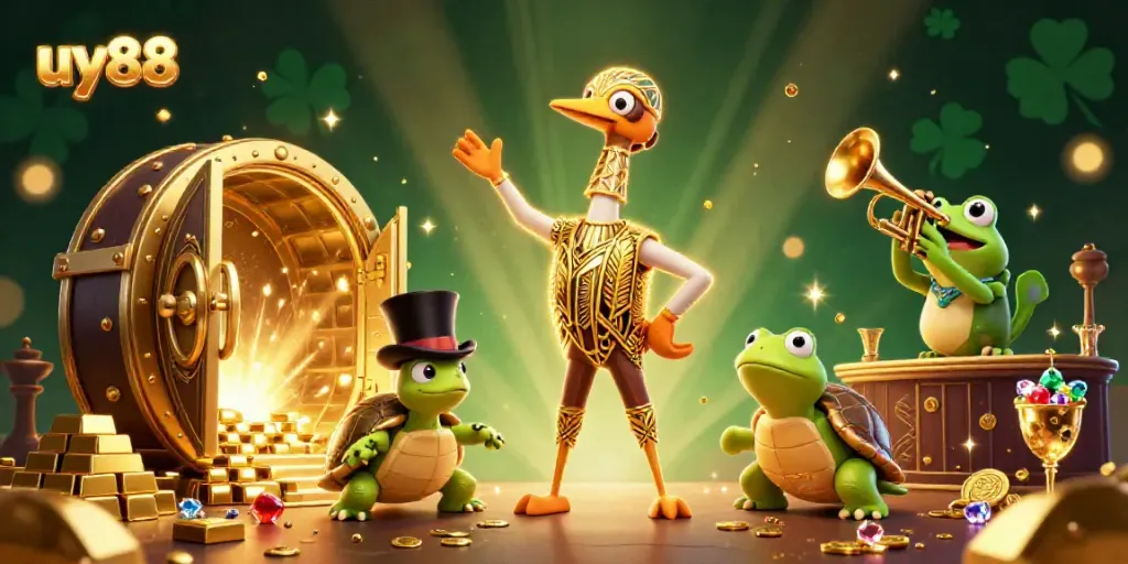 Experience winning moments at uy88 with vibrant 3D casino characters and treasure-filled surroundings.