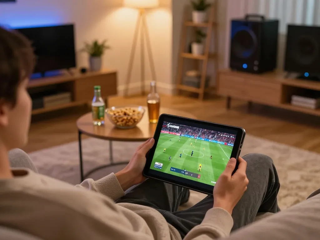 Socolive streaming soccer live on a tablet in a cozy home gaming setup