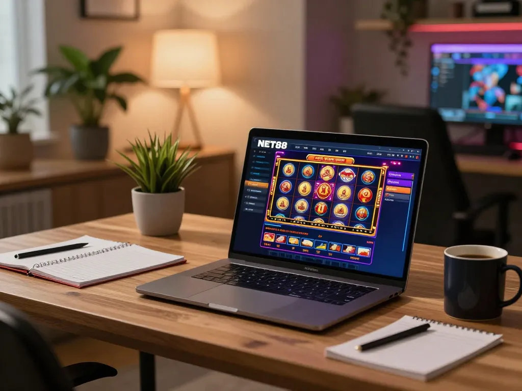 Players engaging with slot games on NET88's online platform from a cozy home setting.