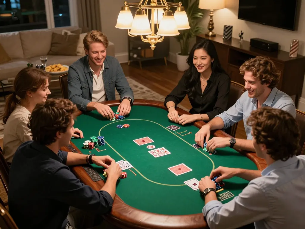 Players enjoying a thrilling poker game at home, highlighting the vipwin79 gaming experience in a relaxed atmosphere.