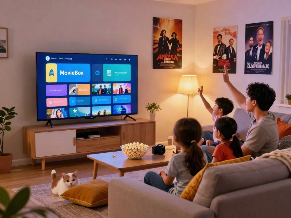 Family enjoying movie night with MovieBox app, cozy living room scene.