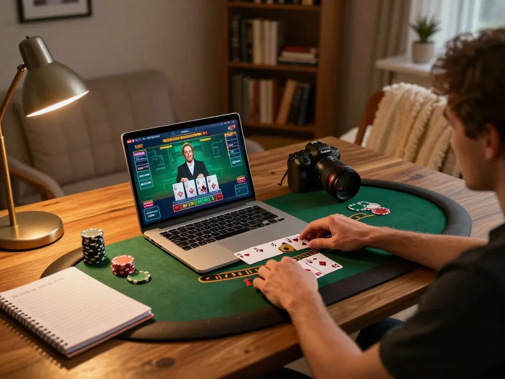 Engaging in online blackjack at home, 88clb gaming setup promoting responsible gambling.