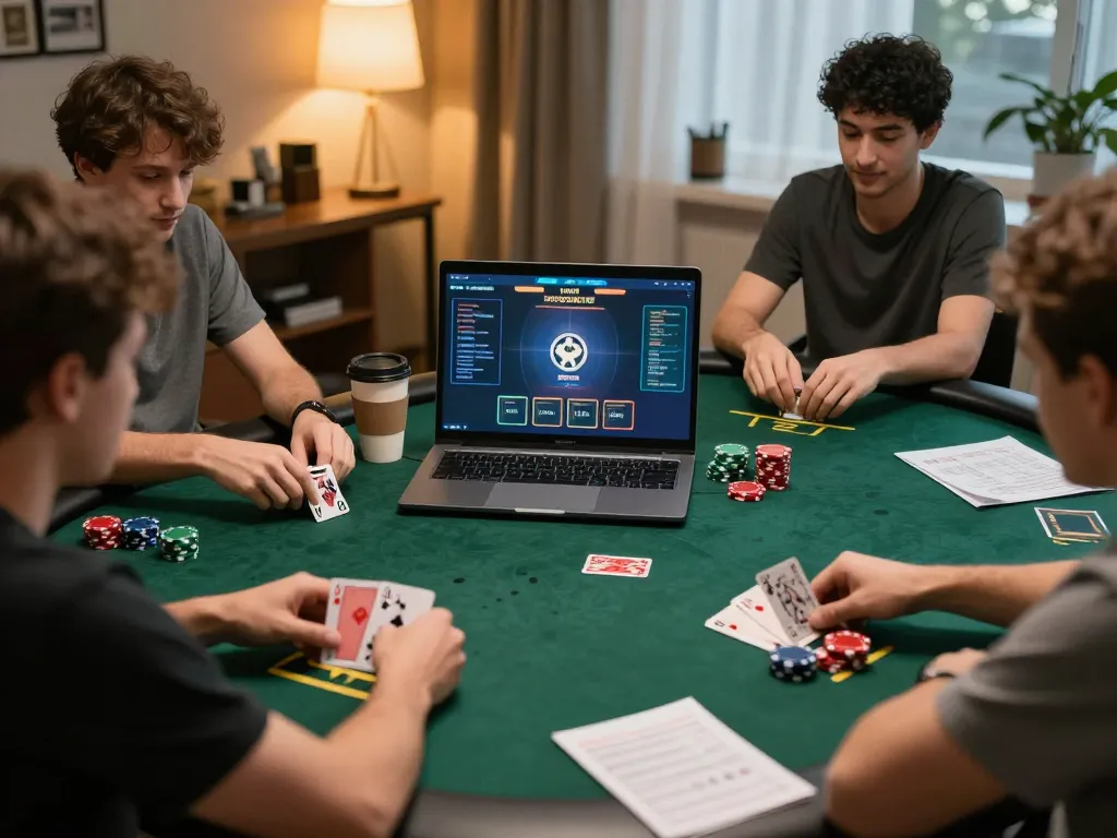 Engaging in a strategic poker game at lc88 club, players focus on their cards and chips in an inviting home office.