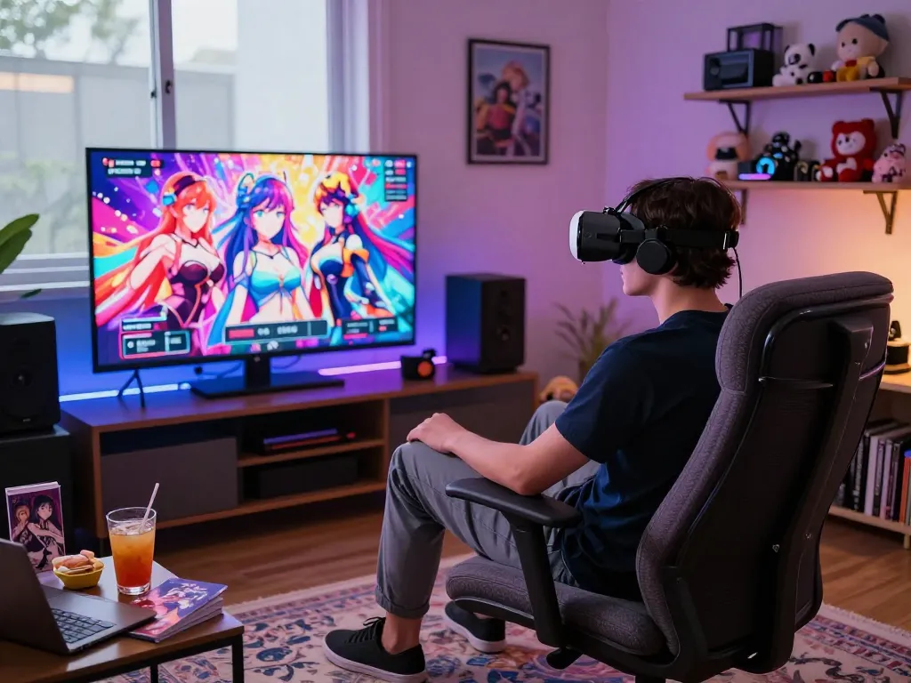 Gamer immersed in colorful hentai game, featuring animated characters in a cozy VR setup.