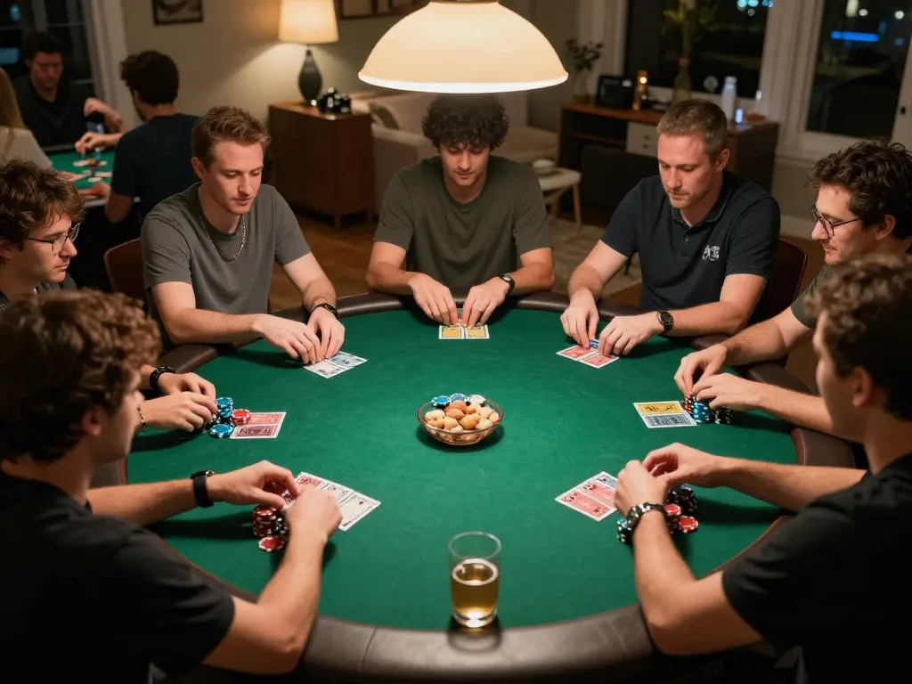 Players engaged in a thrilling poker game at home, showcasing competitive strategies while enjoying 8k8 com.