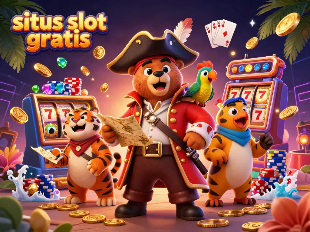 Experience the excitement of situs slot gratis with a vibrant 3D scene of playful pirate characters and slot machines.