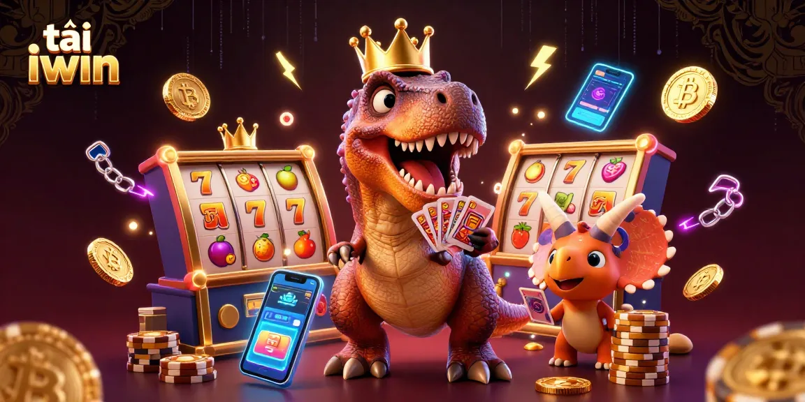 Engage with thrilling casino gameplay as tải iwin showcases a friendly T-Rex and friends in a vibrant setting.
