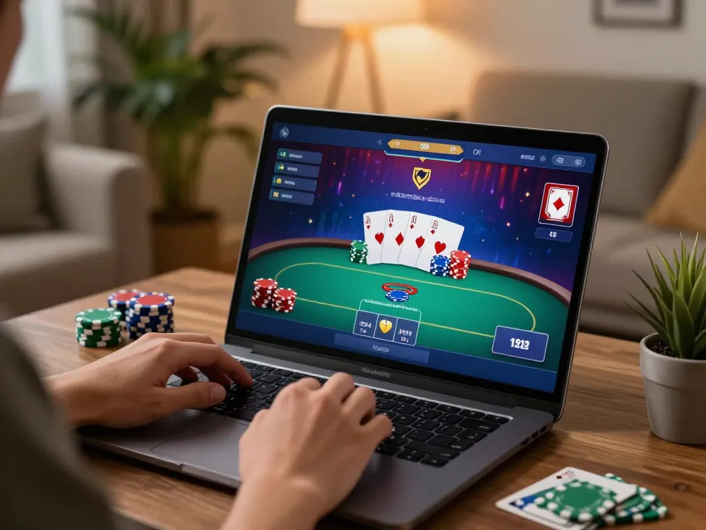 Player exploring rikvip online poker interface with colorful gameplay elements, cozy home setting