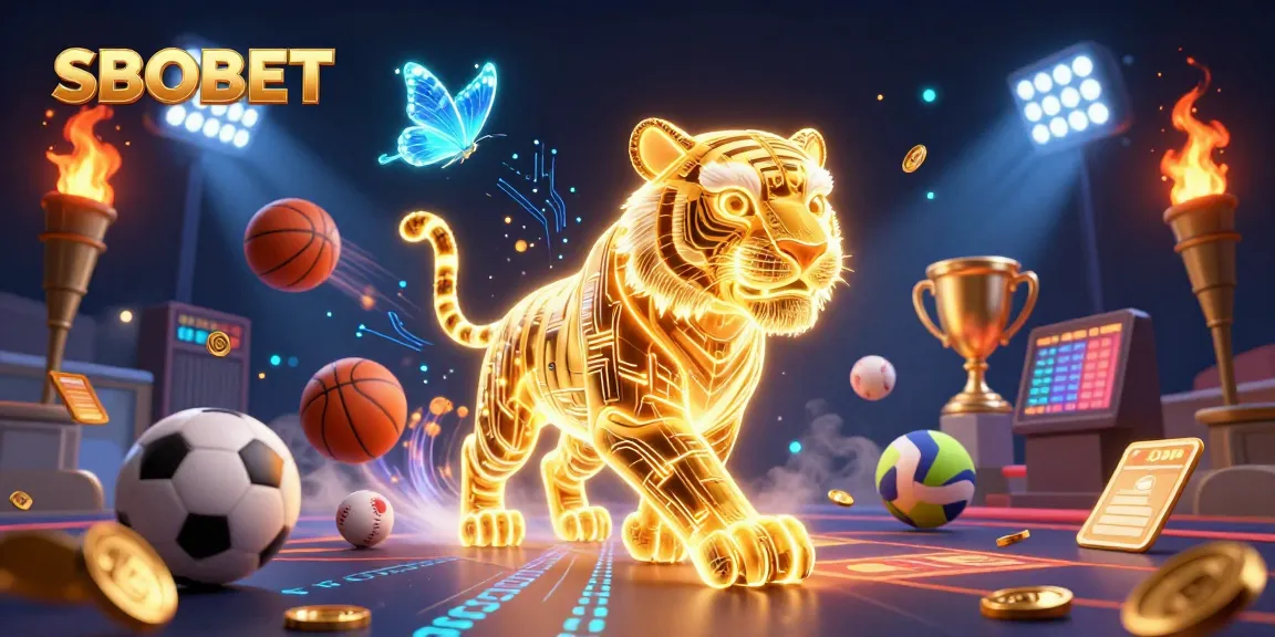 เล่น SBOBET ด้วยภาพ 3D ที่สดใสแสดงถึงเสือทองคำและลูกบอลกีฬาในคาสิโนดิจิทัล