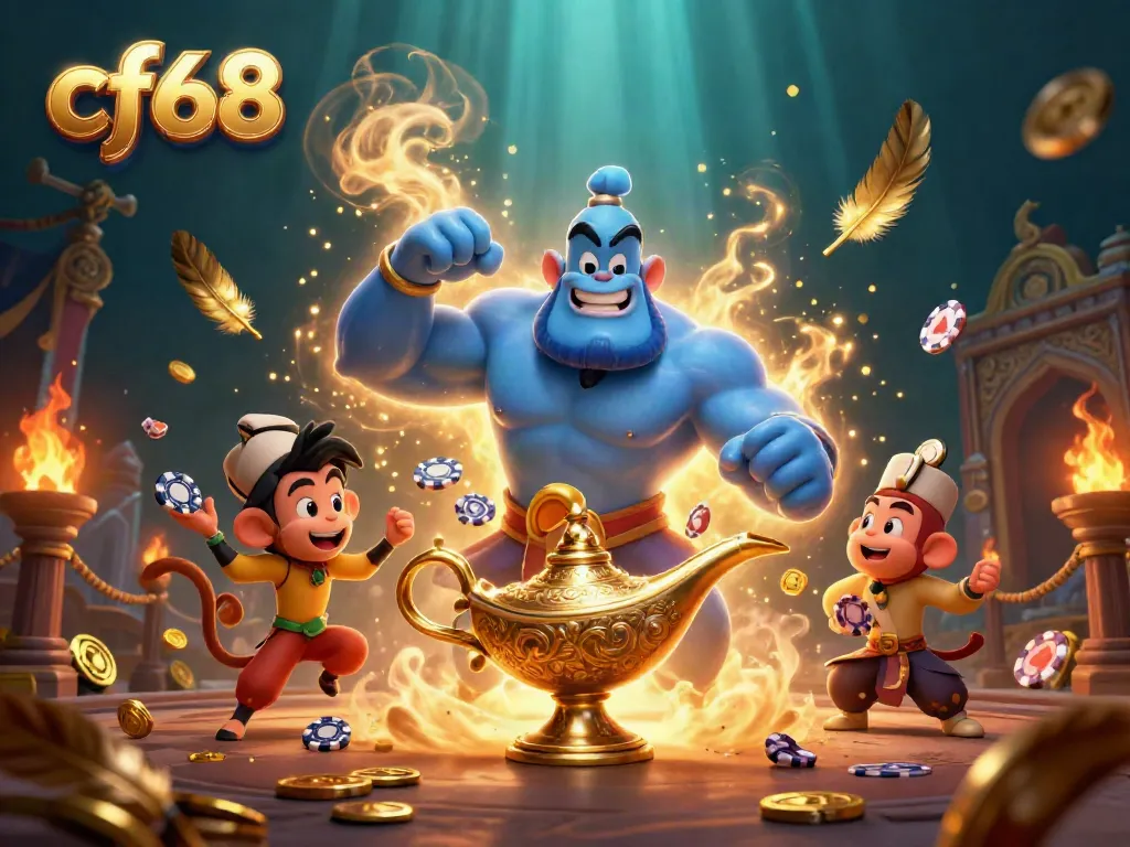 Engage with exciting gameplay at cf68 featuring an enchanting scene of a magician, monkey, and magic carpet.