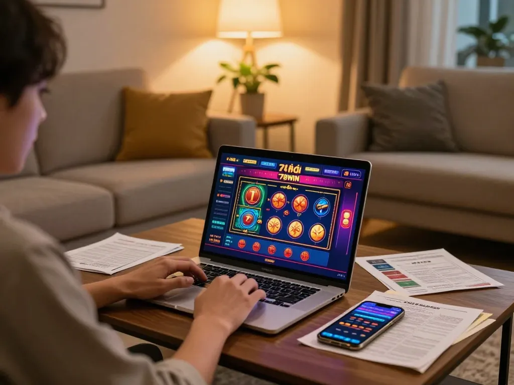 Engaging online gaming at Nhà cái 78WIN with a vibrant interface on the laptop