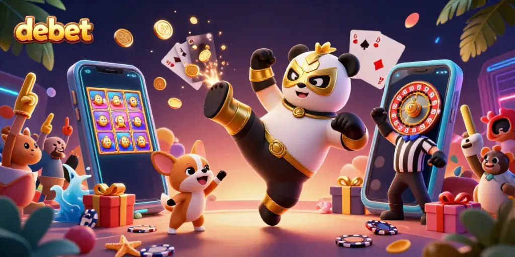Experience the excitement of debet with a lively 3D wrestling scene featuring animated characters and casino elements.
