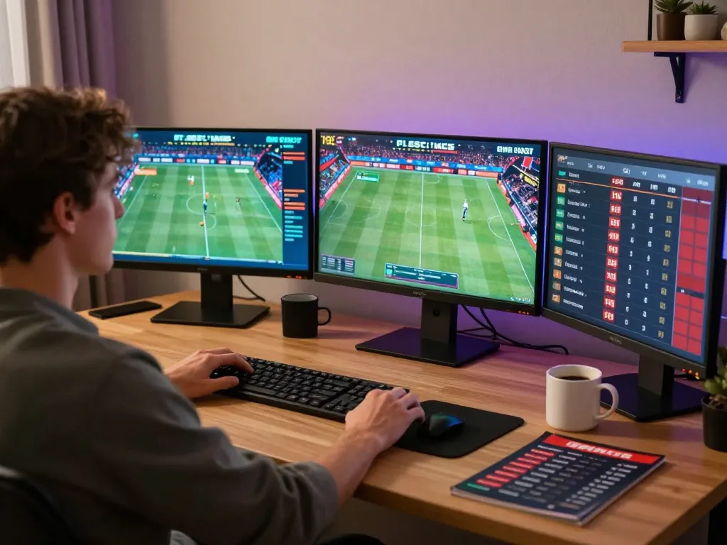 Engaged bettor using CAKHIATV to place live bets on exciting sports events in a cozy setting.