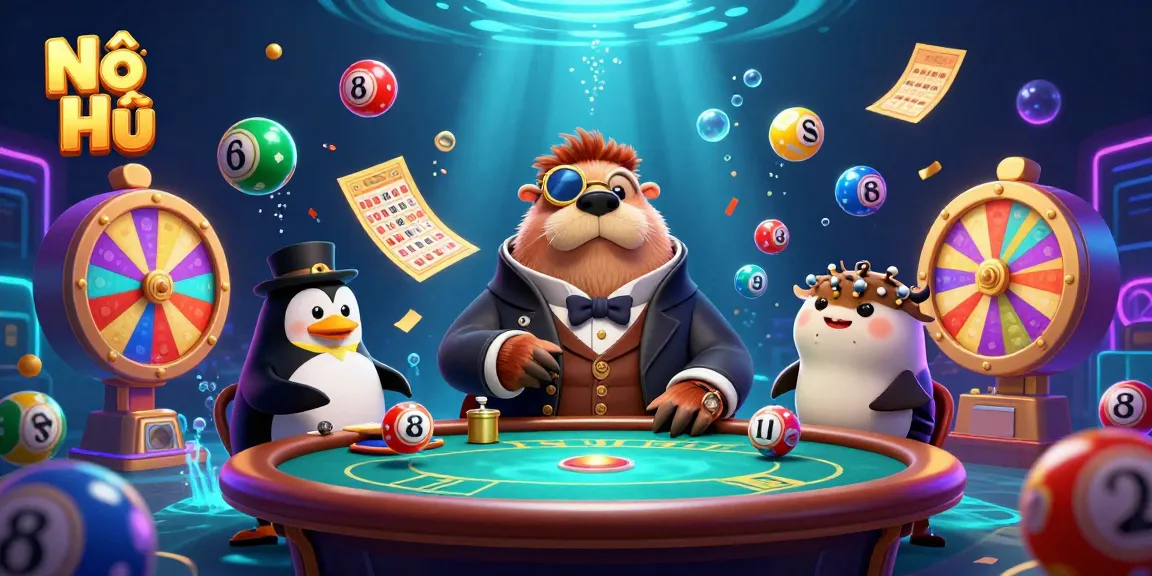 Nổ Hũ showcases a jolly walrus and dealer at an underwater poker table amid vivid lottery elements for an engaging casino experience.