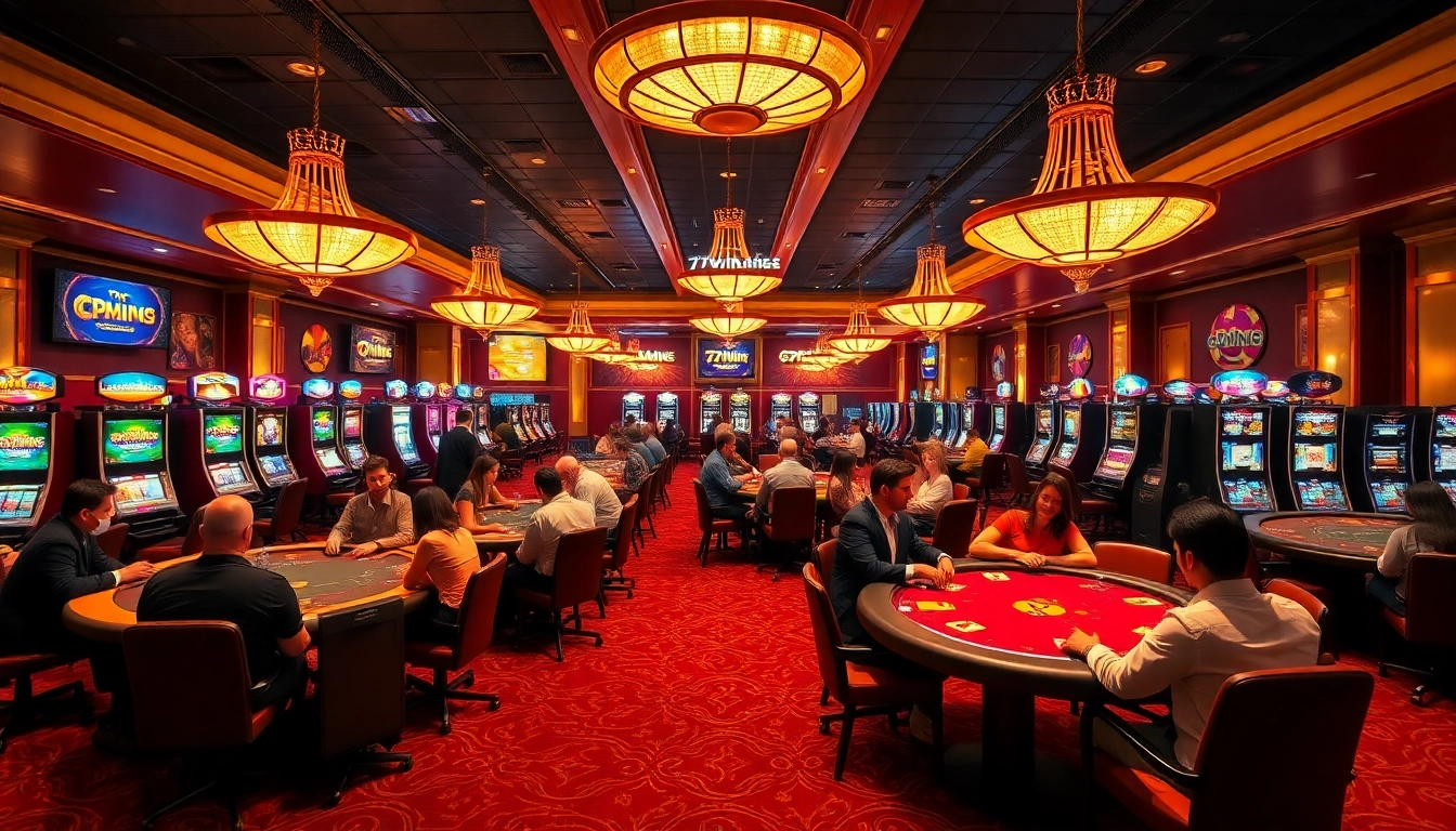 77win casino lively interior with engaging games and vibrant atmosphere