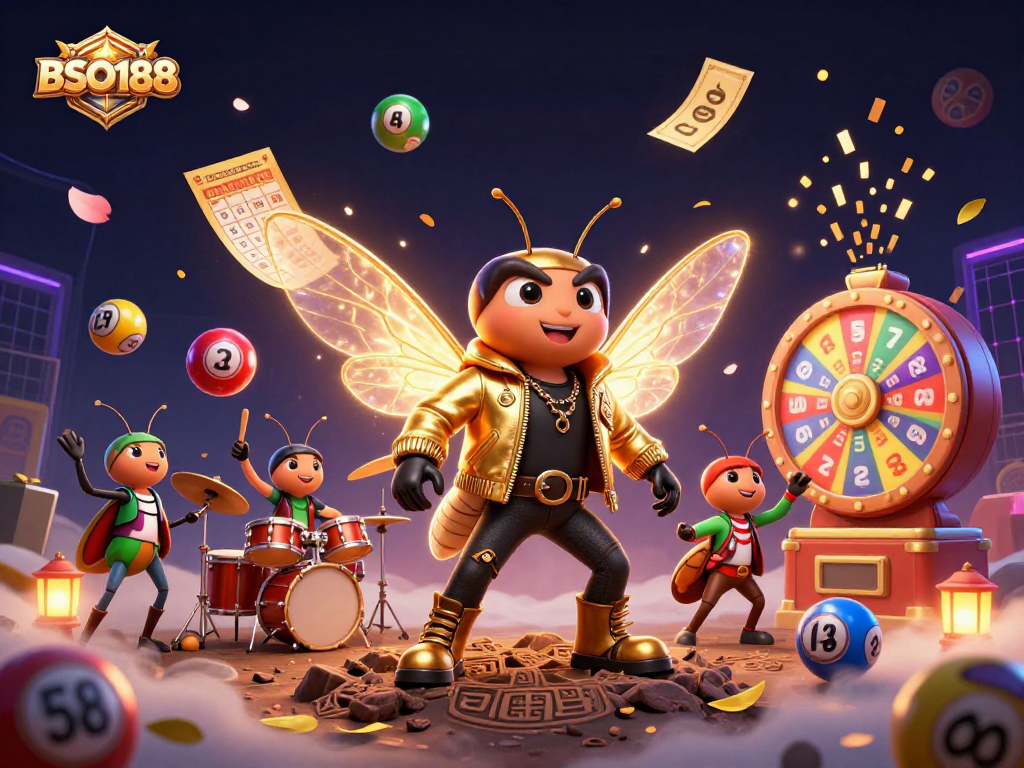 Engage with BSO188's thrilling gaming experience featuring vibrant lottery symbols and a dynamic scene.