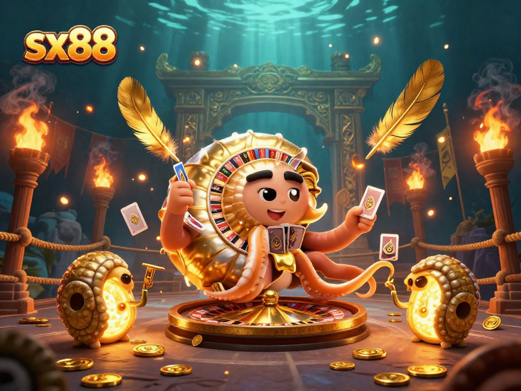 Experience thrilling wins at sx88 with a vibrant casino scene illuminated by a giant nautilus roulette wheel.