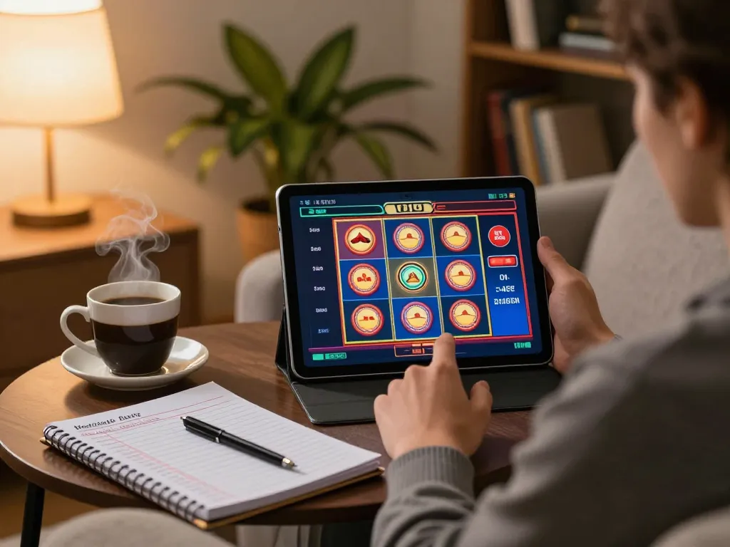 Player enjoying online gambling at home with the okfun tablet interface.