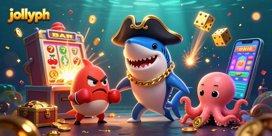 Experience thrilling slots gameplay with jollyph featuring a vibrant pirate shark and friends amidst an exciting casino scene.