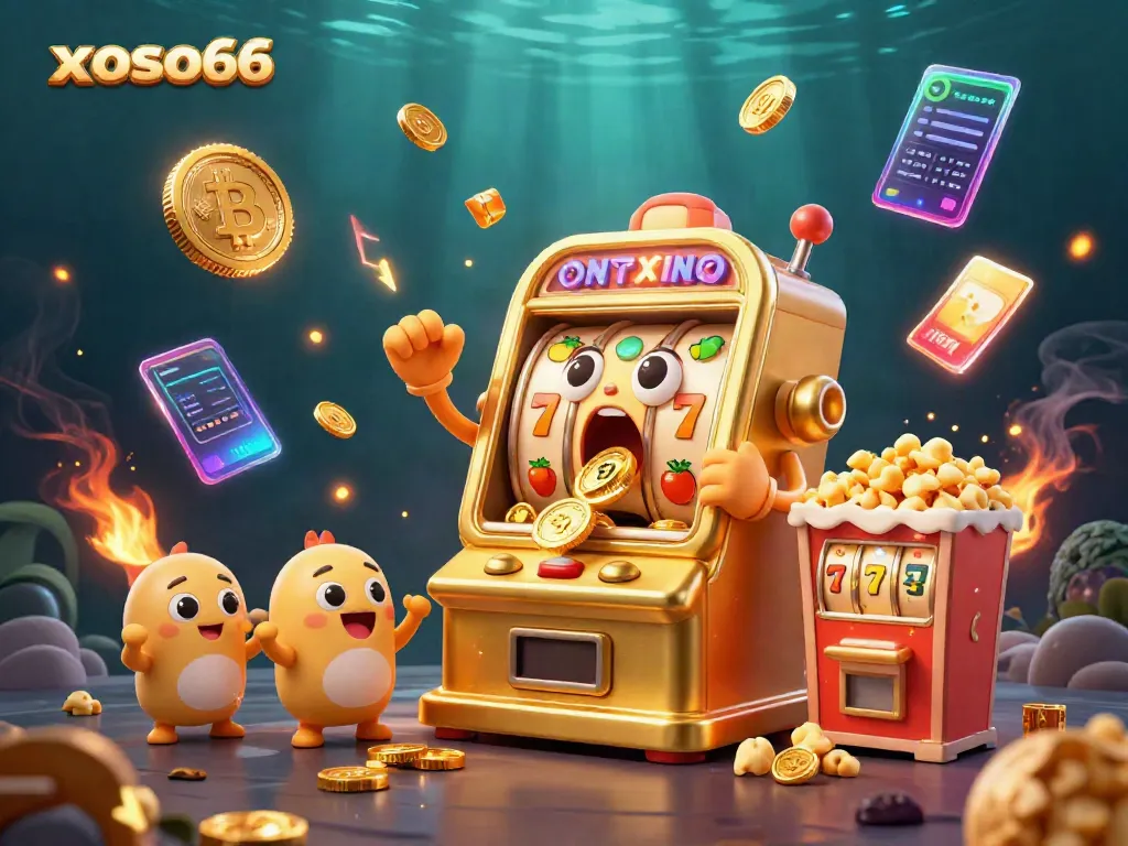 Xoso66 showcases a lively scene with a golden slot machine celebrating a jackpot and coins cascading, emphasizing online gambling excitement.