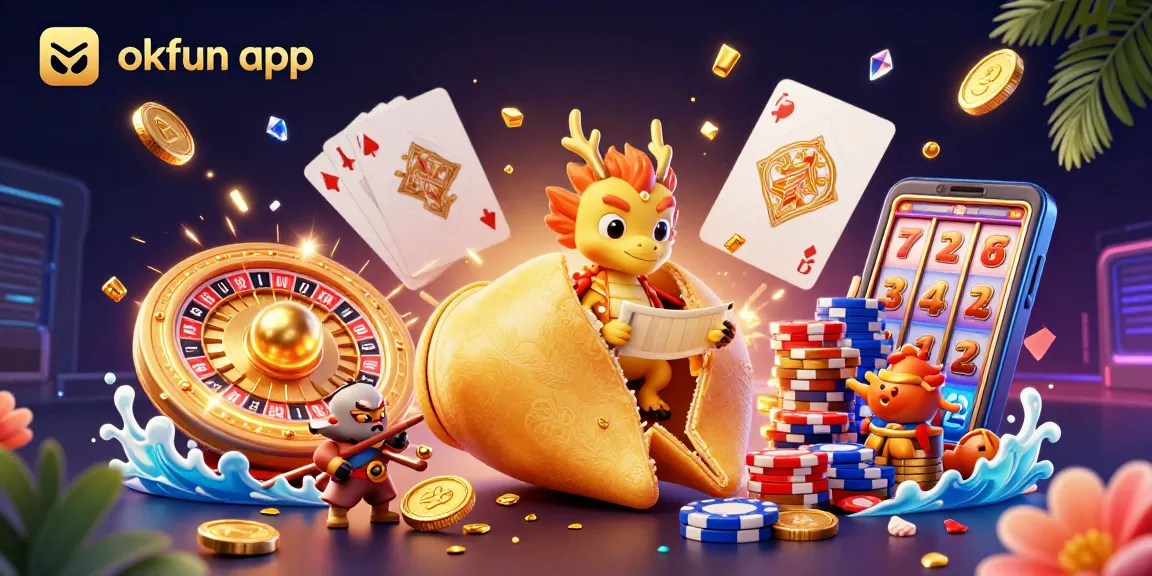 Experience the excitement of the okfun app with gold coins, cards, and lucky symbols in an engaging casino scene.
