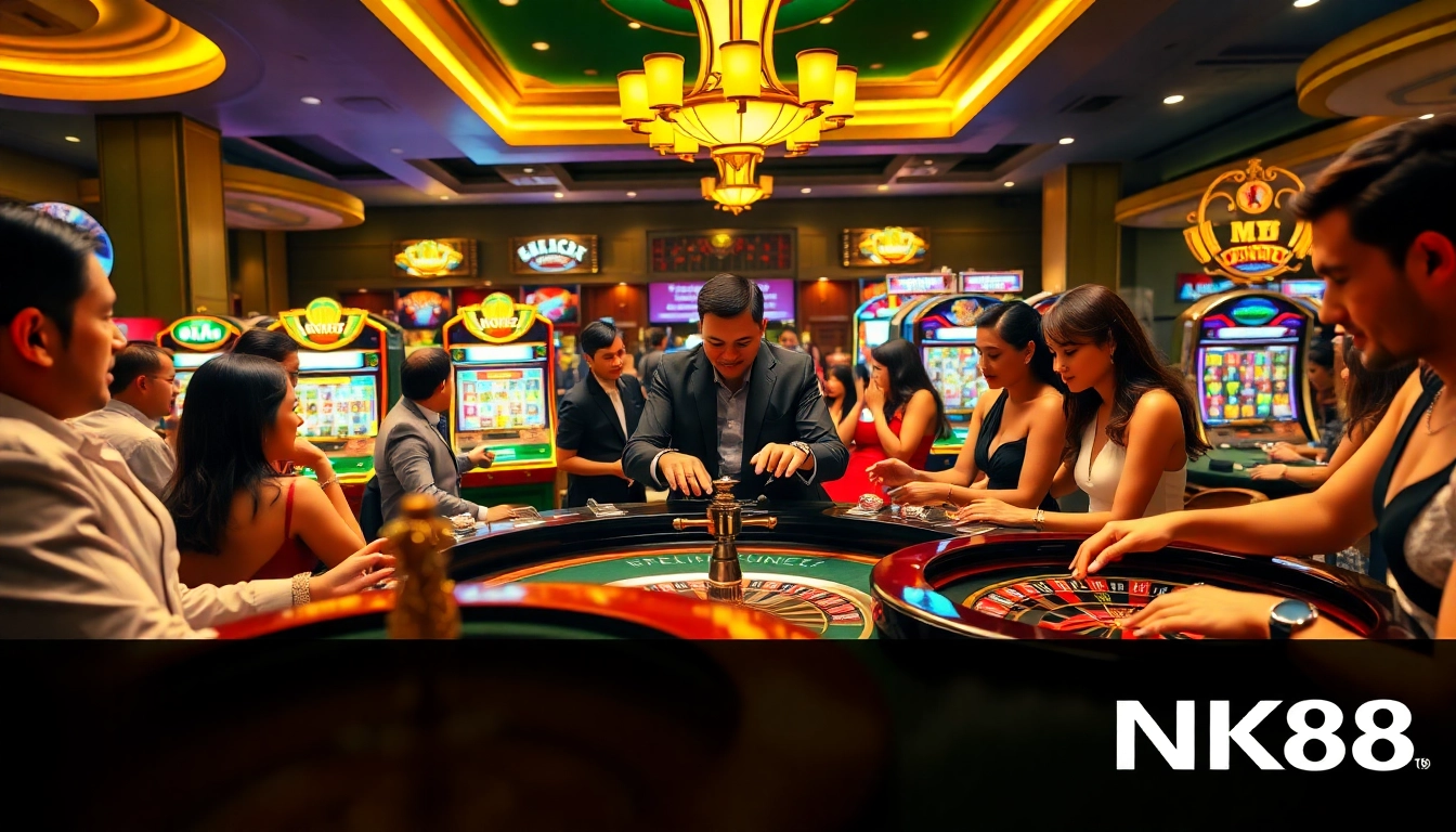 Players enjoying thrilling casino games at NK88 with vibrant tables and elegant décor.