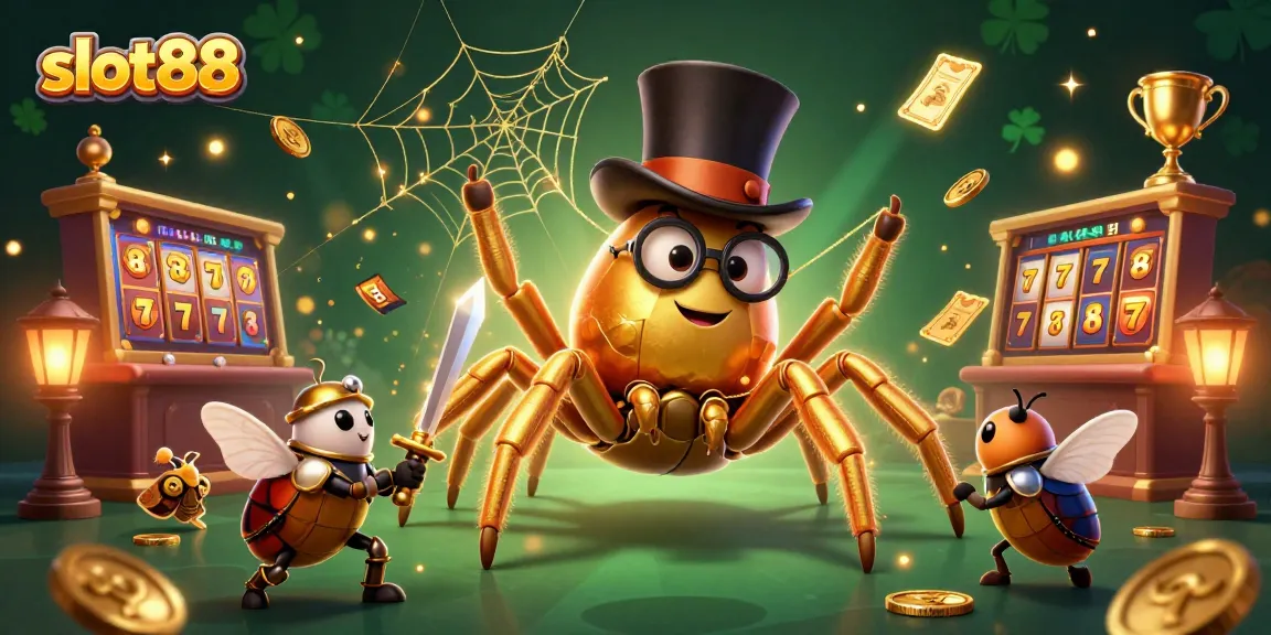 Engage with slot88 gaming while witnessing a golden tarantula in a top hat amidst vibrant casino elements.