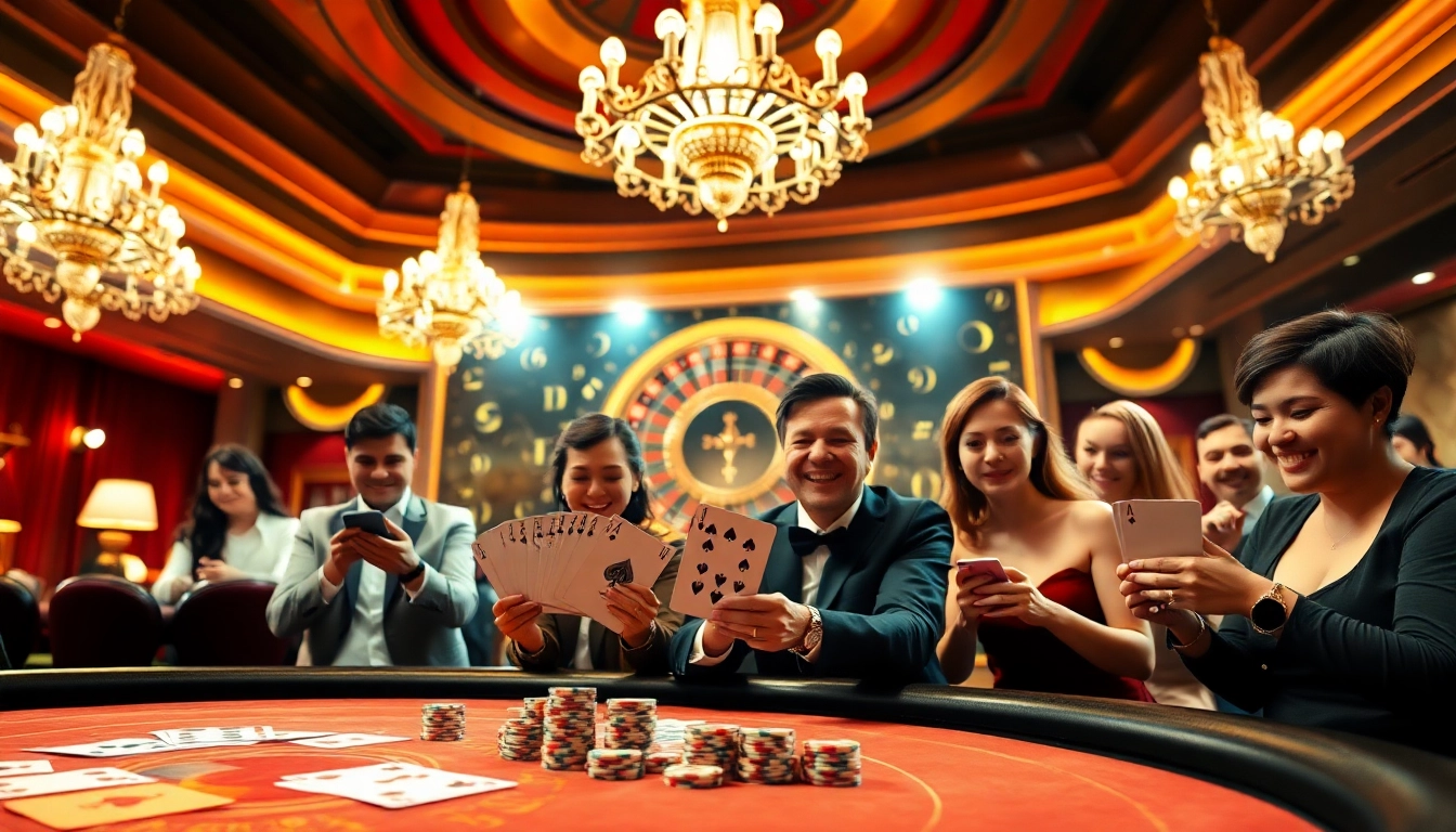 Experience the thrill at https://vin88qq.com/ with players enjoying a vibrant casino atmosphere full of excitement and luxury.