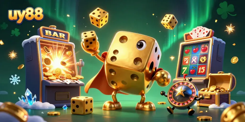 Experience the excitement of uy88 with a vibrant 3D illustration featuring golden dice and a dynamic casino ambiance.