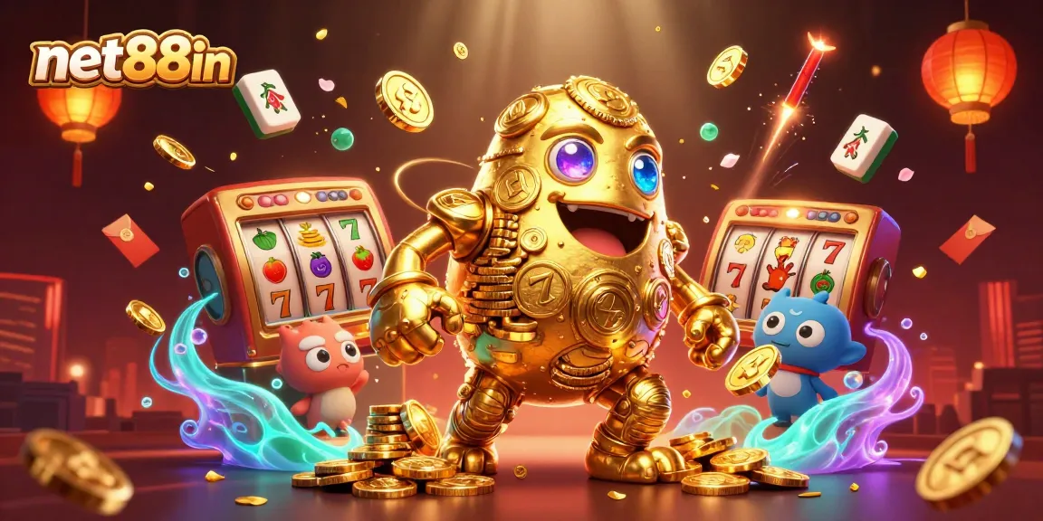 Engage with net88in in a vibrant casino scene featuring a golden golem and dynamic slot game elements.