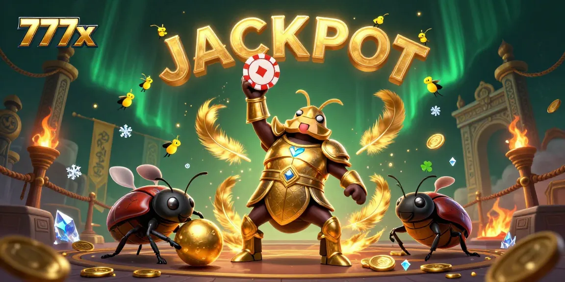 777x casino illustration featuring a victorious beetle character with a poker chip, celebrating a jackpot.