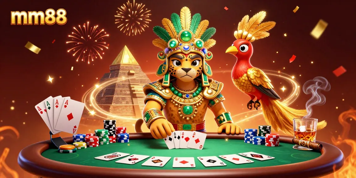 Experience thrilling poker action with mm88's vibrant casino scene featuring dynamic characters and game elements.