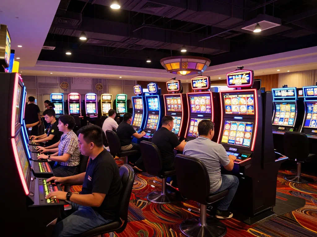 Engaged players at Jili777 Fit gaming slots, illuminated by vibrant casino lights, showcasing excitement