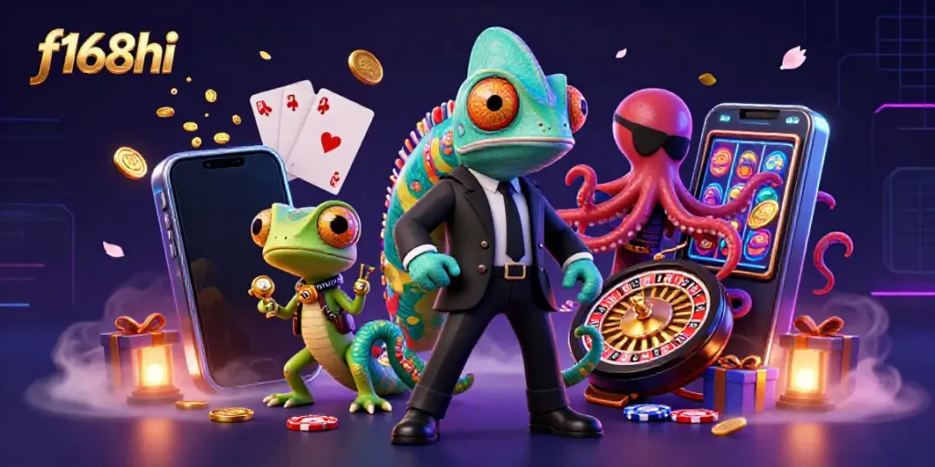 Engage in thrilling slot games with f168hi, featuring vibrant characters and casino elements.