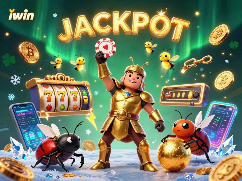 Celebrate wins at iwin with a victorious beetle in golden armor and jackpot symbols.
