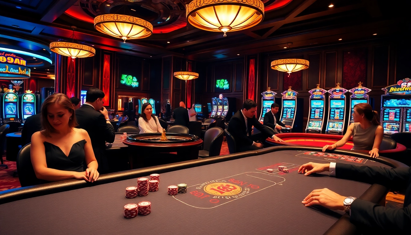 Experience the excitement of casino gaming at 68VIP with vibrant poker tables and roulette wheels.