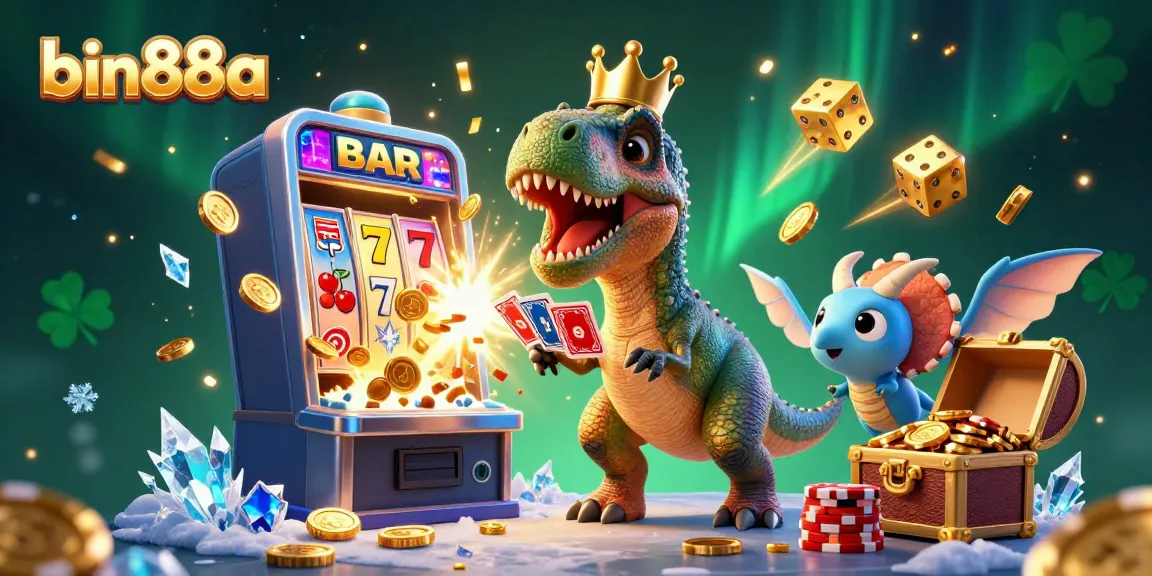 Engage in thrilling slot action with bin88a's T-Rex dealer as it tries to shuffle cards while a baby triceratops stacks chips amidst dazzling gold.