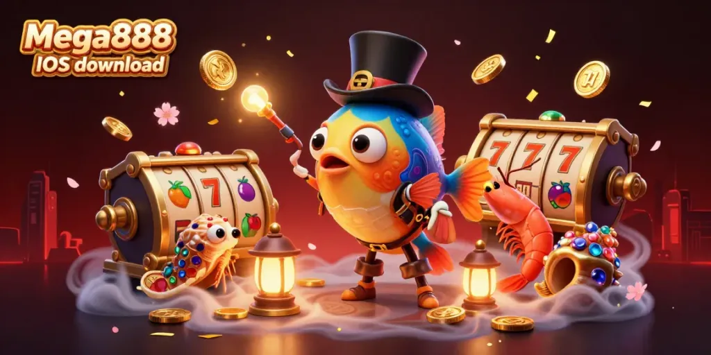 Attract golden coins with the Mega888 iOS download featuring unique 3D characters amidst vibrant casino elements.
