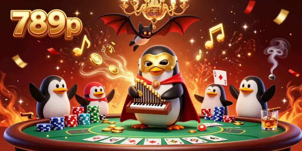 Engage with exhilarating 789p gaming as the phantom opera penguin orchestrates gold coins at a lively poker table.